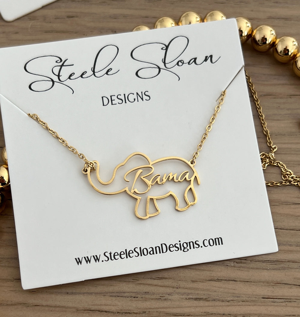 Cute Bama Elephant Necklace – Gold Hypoallergenic Alabama Gameday Jewelry – Officially Licensed Bama Gift