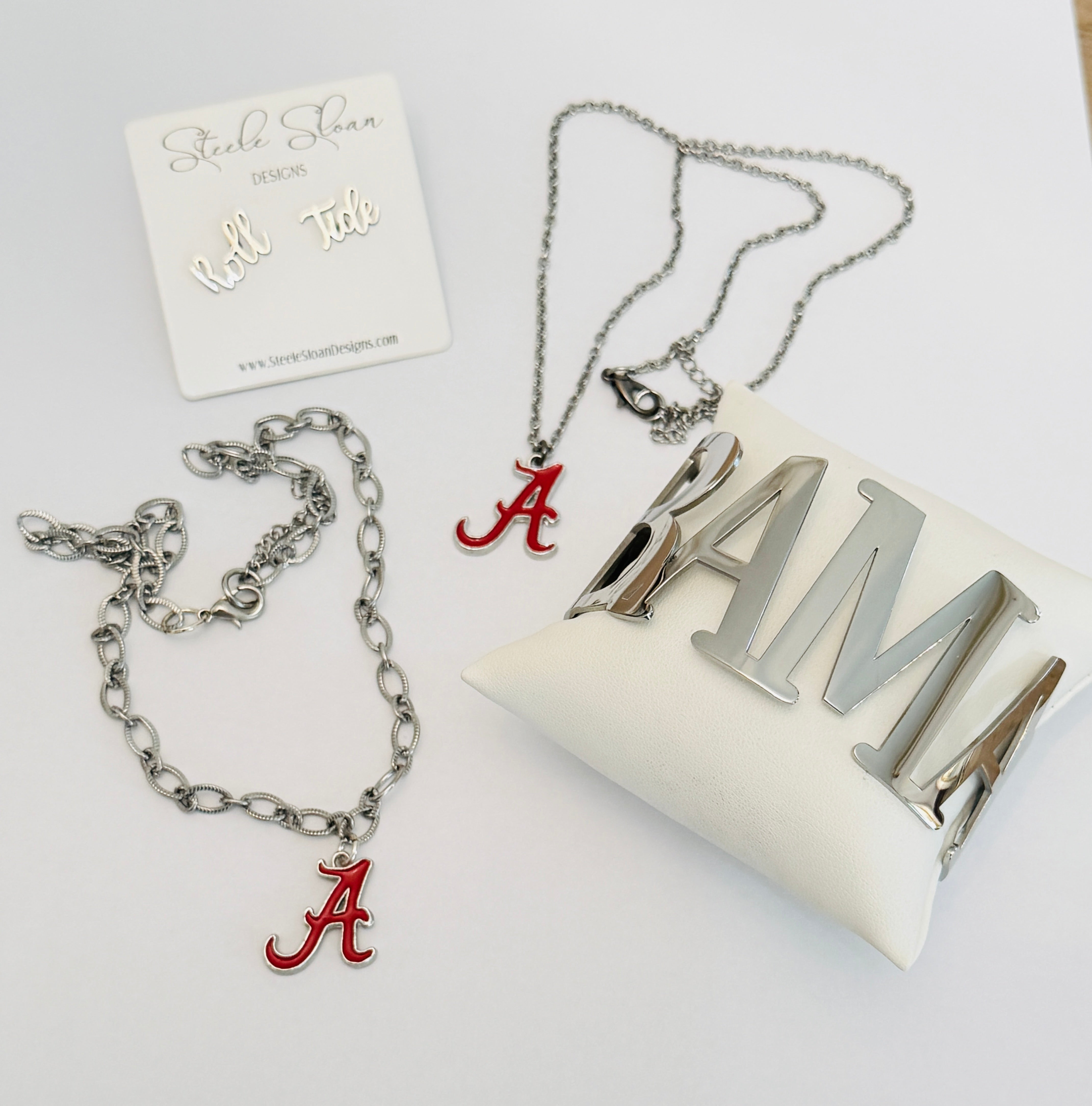 Alabama A Logo Necklace – Chunky Silver Stainless Steel Chain – Hypoallergenic Tarnish-Resistant Bama Jewelry – Officially Licensed Alabama Gift