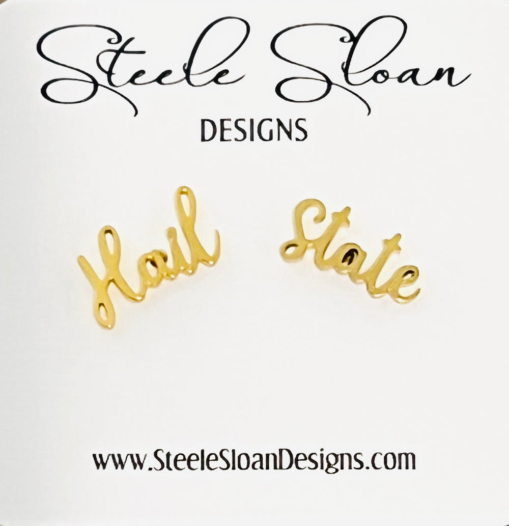 Mississippi State Hail State Gold Stud Earrings- CUTE Mississippi State Bulldog Gift - Miss State Hypoallergenic Stainless Steel