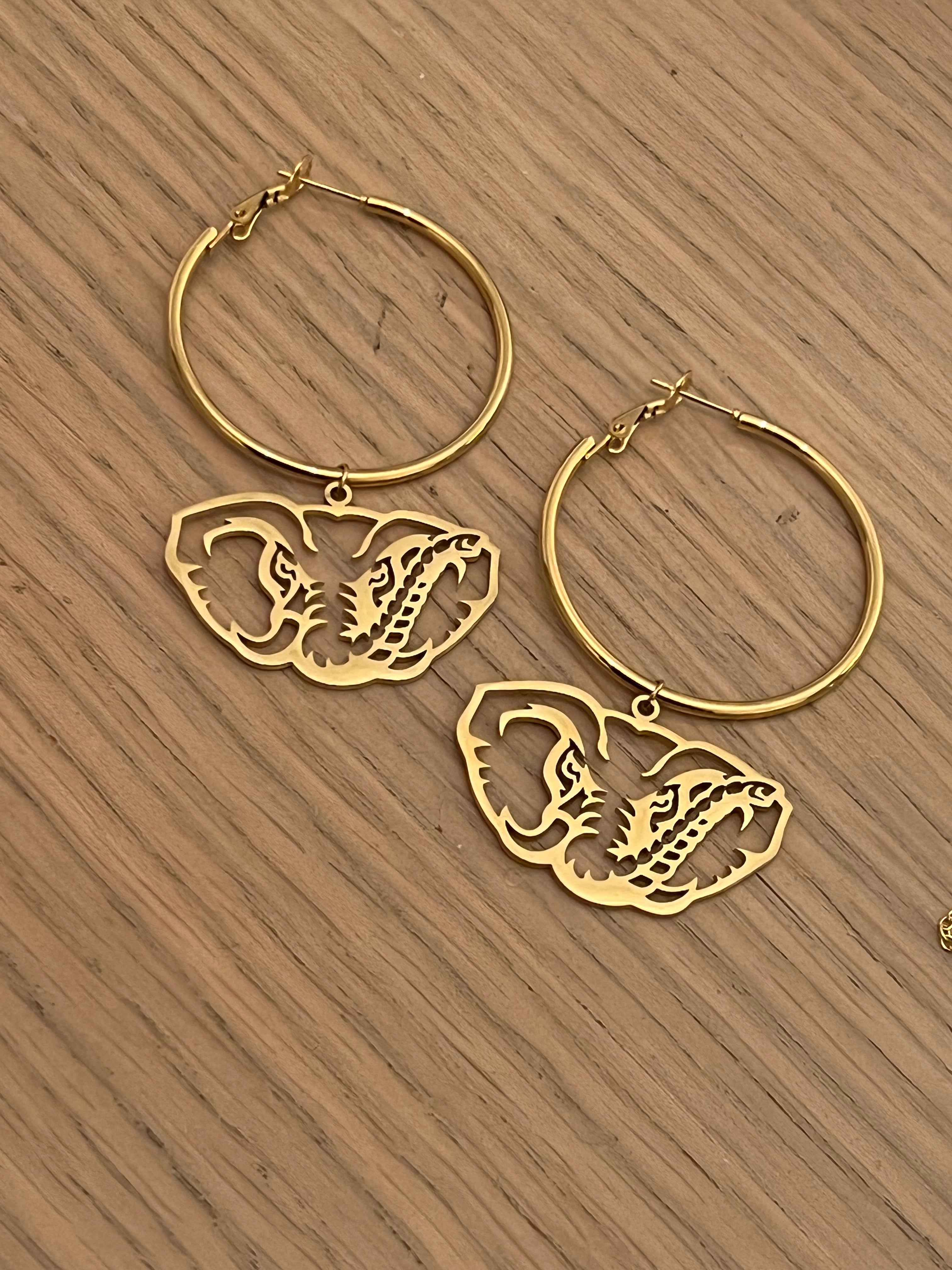 Alabama Hoop Earrings – Gold Hoop with Bama Elephant Dangle – Lightweight Hypoallergenic Stainless Steel – Officially Licensed Gameday Jewelry
