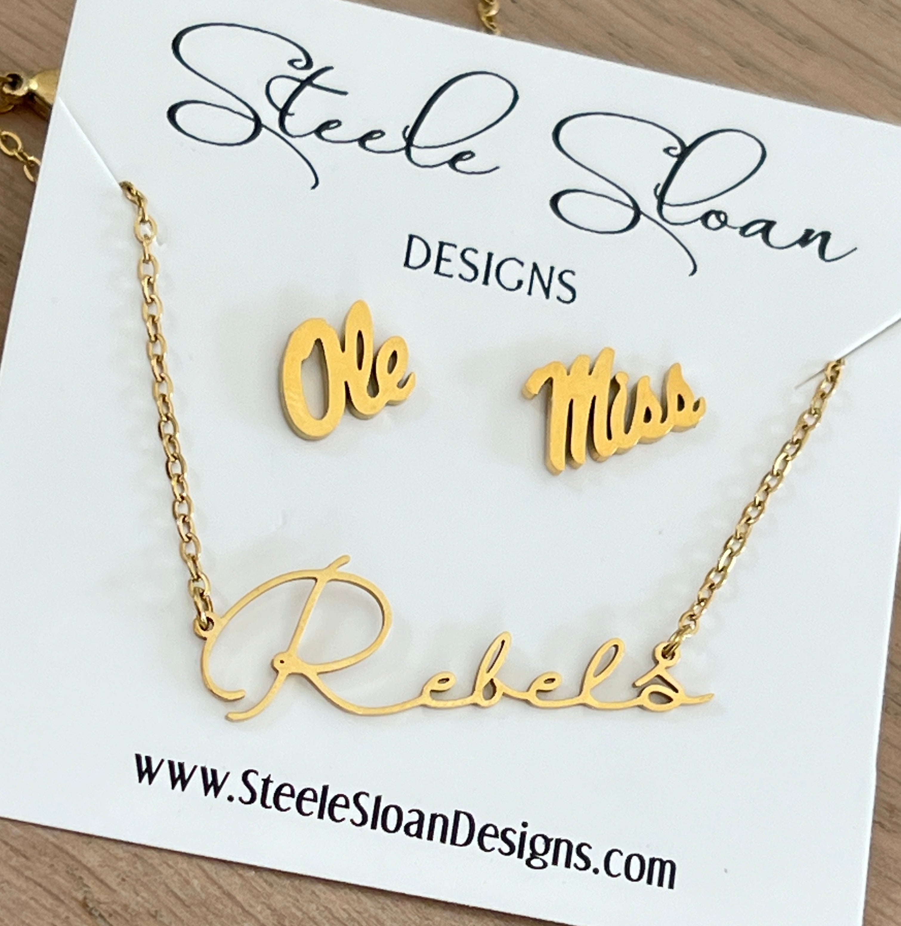 Perfect Gift for the Ole Miss Girl Rebels Name Necklace Gold Rebels Necklace Ole Miss Earrings Gift Set Hypoallergenic Officially Licensed