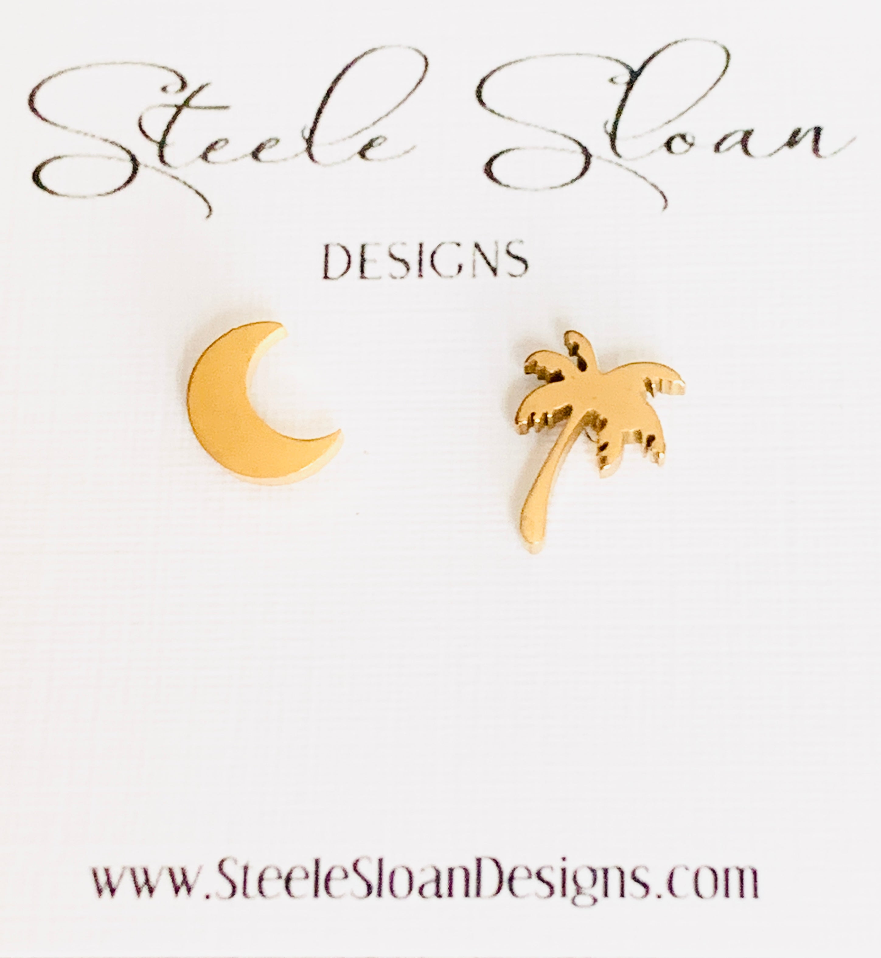 South Carolina Earrings Moon and Palm Tree - Gold Stud Earrings - Hypoallergenic - South Carolina Gift