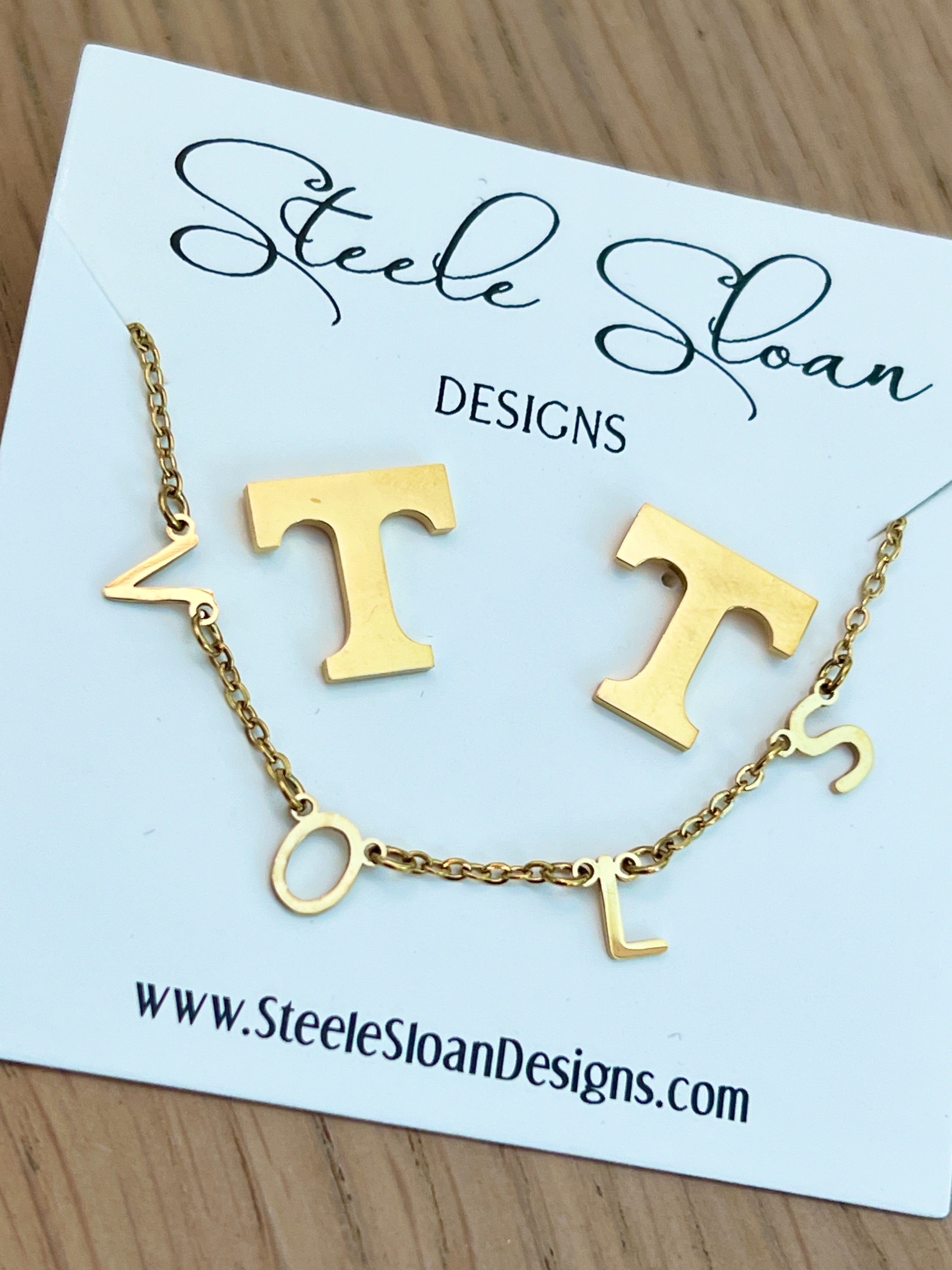 University of Tennessee Gift Set VOLS Gold Charm Necklace and T Logo Gold Stud Earrings Tennessee Volunteers Gameday