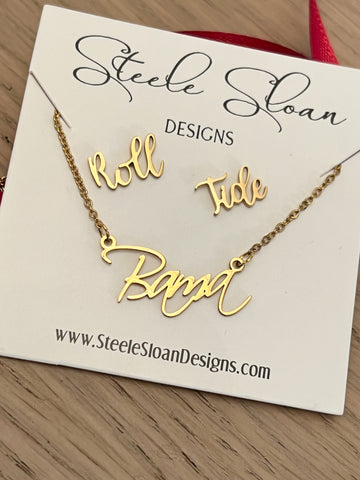 Alabama Girl Gift Set – Personalized Bama Name Necklace + Gold Bama Jewelry + Roll Tide Earrings – Hypoallergenic Tarnish-Resistant Bama Gift Set