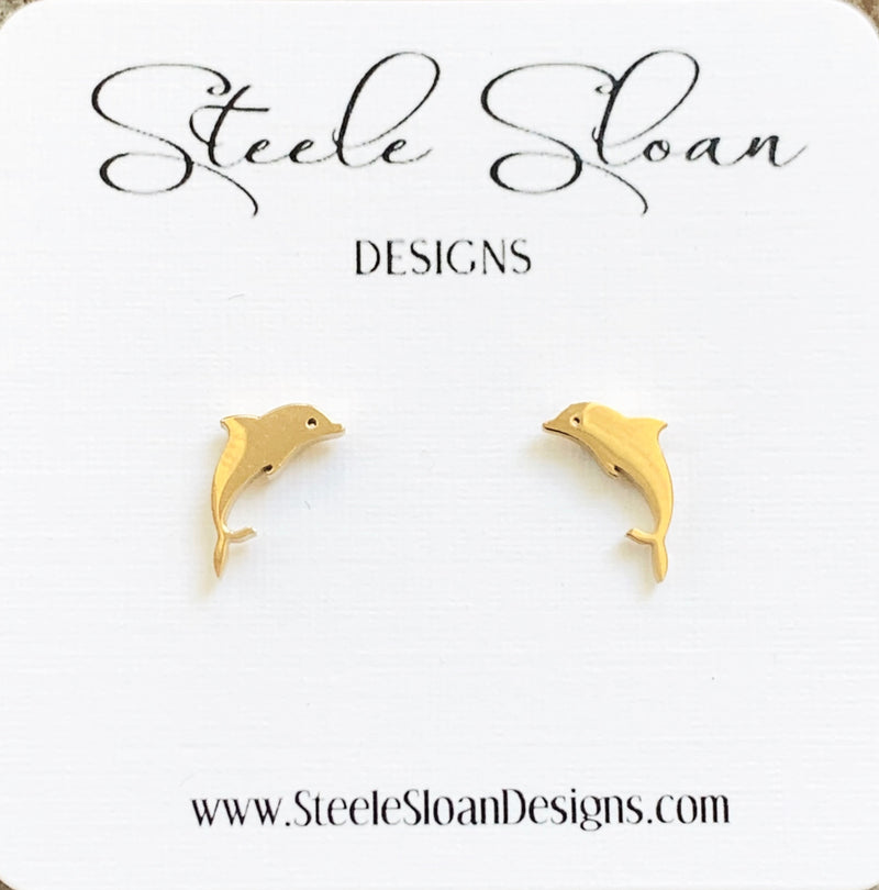 Small Gold Dolphin Earrings - Tri Delta Gift, Miami Dolphins Football, Cute Earrings, Stud Earrings, Stainless Steel Hypoallergenic