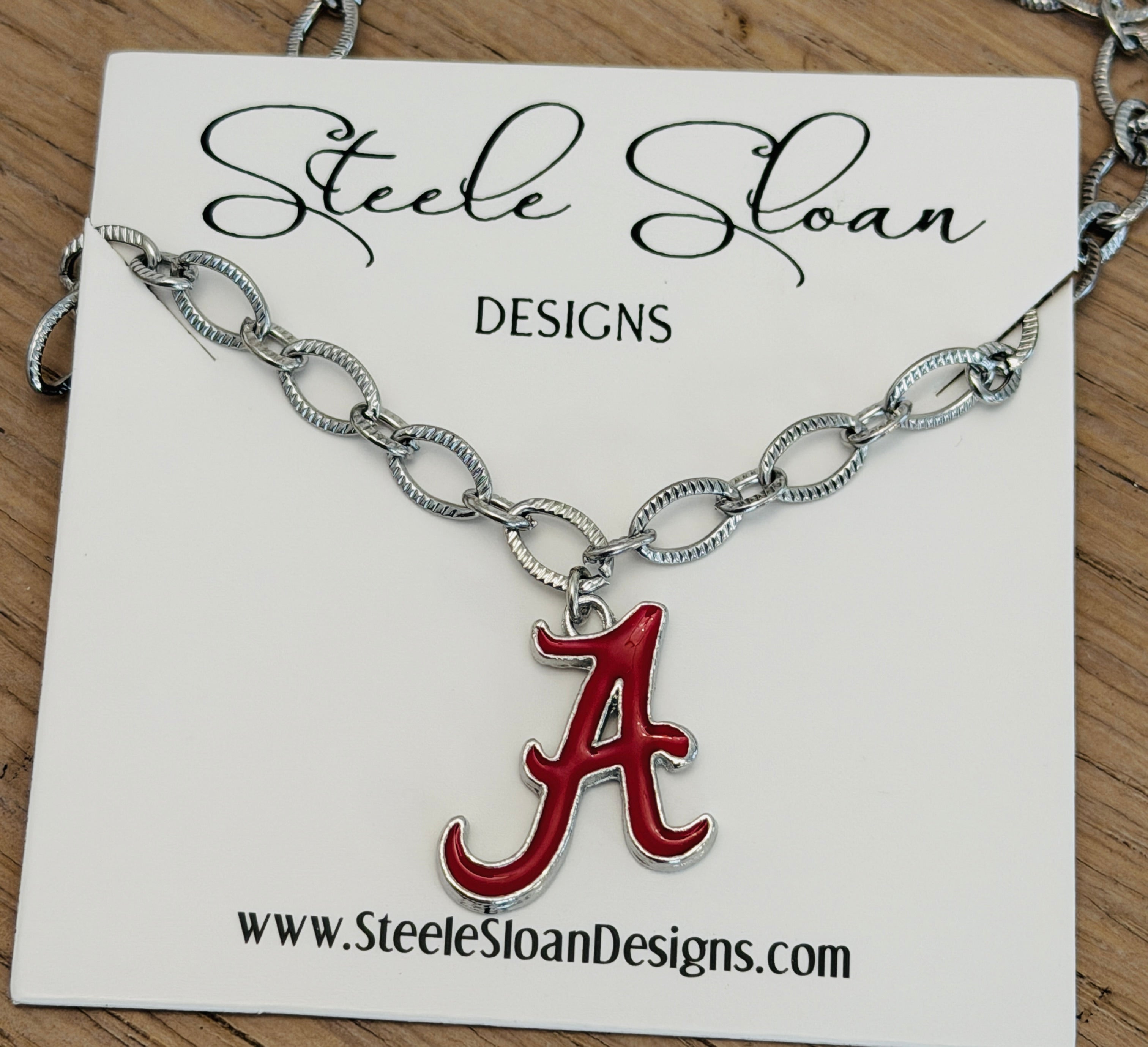 Alabama A Logo Necklace – Chunky Silver Stainless Steel Chain – Hypoallergenic Tarnish-Resistant Bama Jewelry – Officially Licensed Alabama Gift