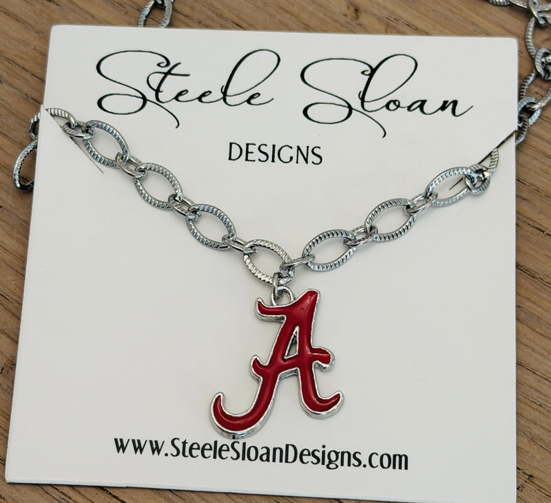 Alabama A Logo Necklace – Chunky Silver Stainless Steel Chain – Hypoallergenic Tarnish-Resistant Bama Jewelry – Officially Licensed Alabama Gift
