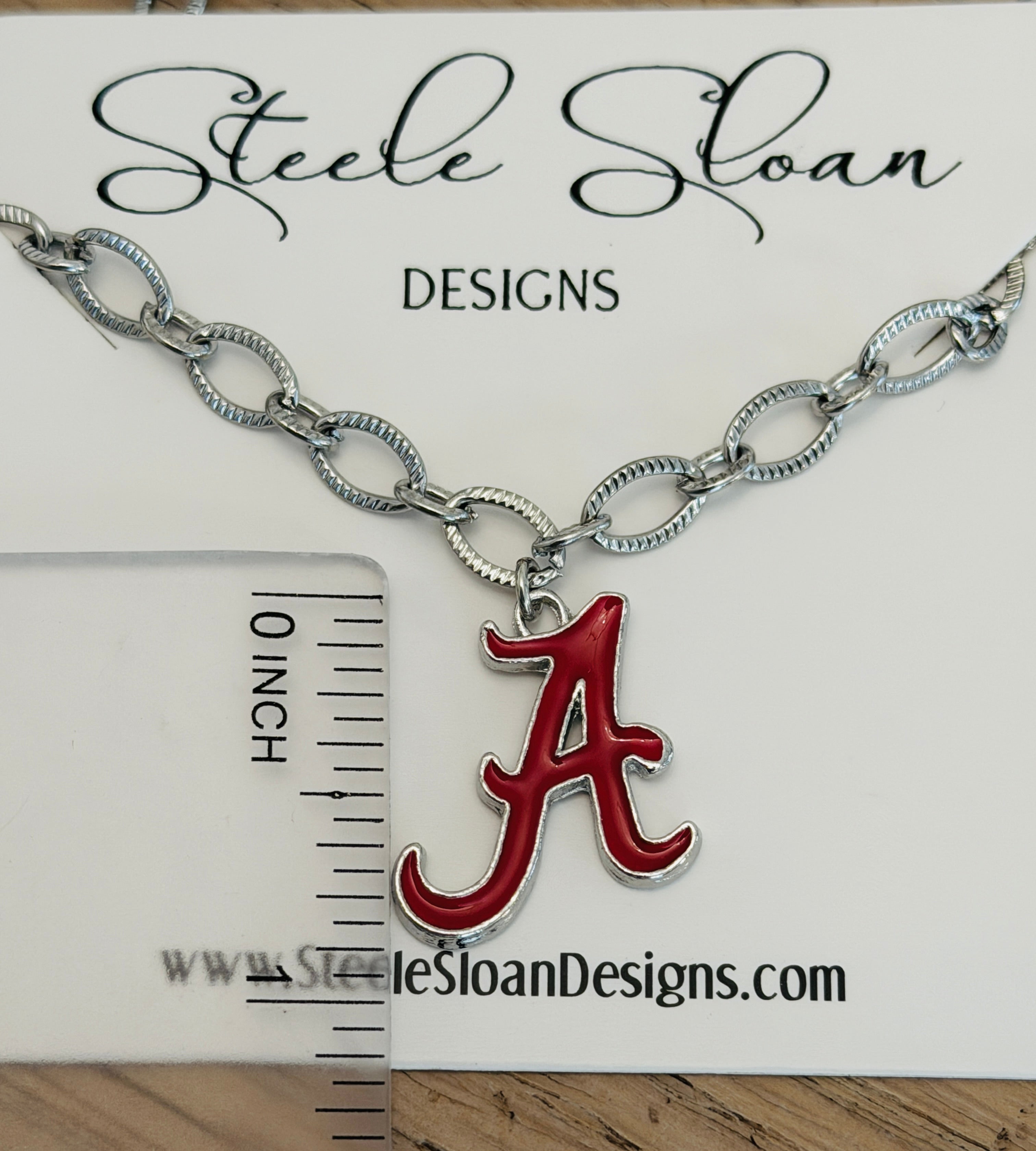 Alabama A Logo Necklace – Chunky Silver Stainless Steel Chain – Hypoallergenic Tarnish-Resistant Bama Jewelry – Officially Licensed Alabama Gift