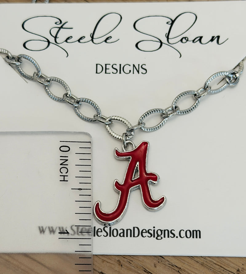 Alabama A Logo Necklace – Chunky Silver Stainless Steel Chain – Hypoallergenic Tarnish-Resistant Bama Jewelry – Officially Licensed Alabama Gift