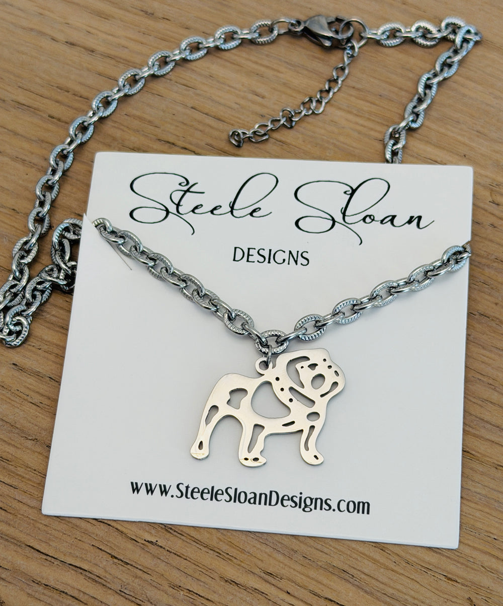 Bulldog Game Day Necklace - Bulldog Gift, Chunk Silver Necklace Tarnish Resistant