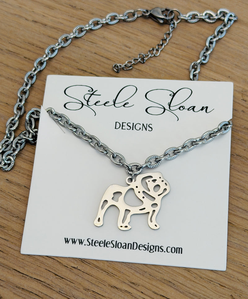 Bulldog Game Day Necklace - Bulldog Gift, Chunk Silver Necklace Tarnish Resistant