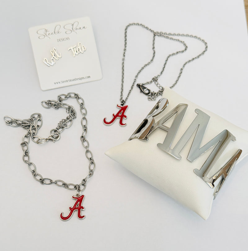 Alabama A Logo Necklace – Chunky Silver Stainless Steel Chain – Hypoallergenic Tarnish-Resistant Bama Jewelry – Officially Licensed Alabama Gift
