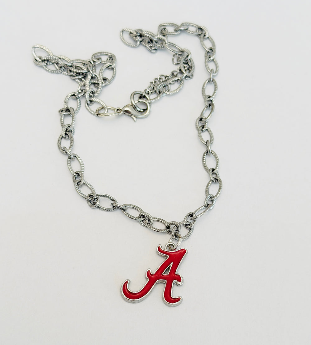 Alabama A Logo Necklace – Chunky Silver Stainless Steel Chain – Hypoallergenic Tarnish-Resistant Bama Jewelry – Officially Licensed Alabama Gift
