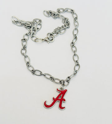 Alabama A Logo Necklace – Chunky Silver Stainless Steel Chain – Hypoallergenic Tarnish-Resistant Bama Jewelry – Officially Licensed Alabama Gift