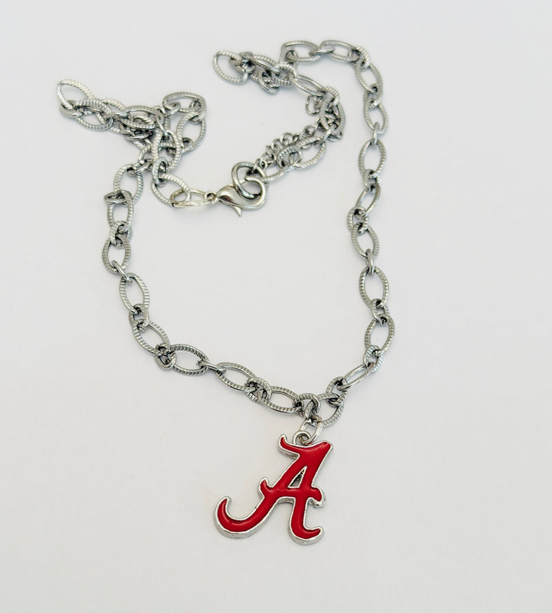 Alabama A Logo Necklace – Chunky Silver Stainless Steel Chain – Hypoallergenic Tarnish-Resistant Bama Jewelry – Officially Licensed Alabama Gift