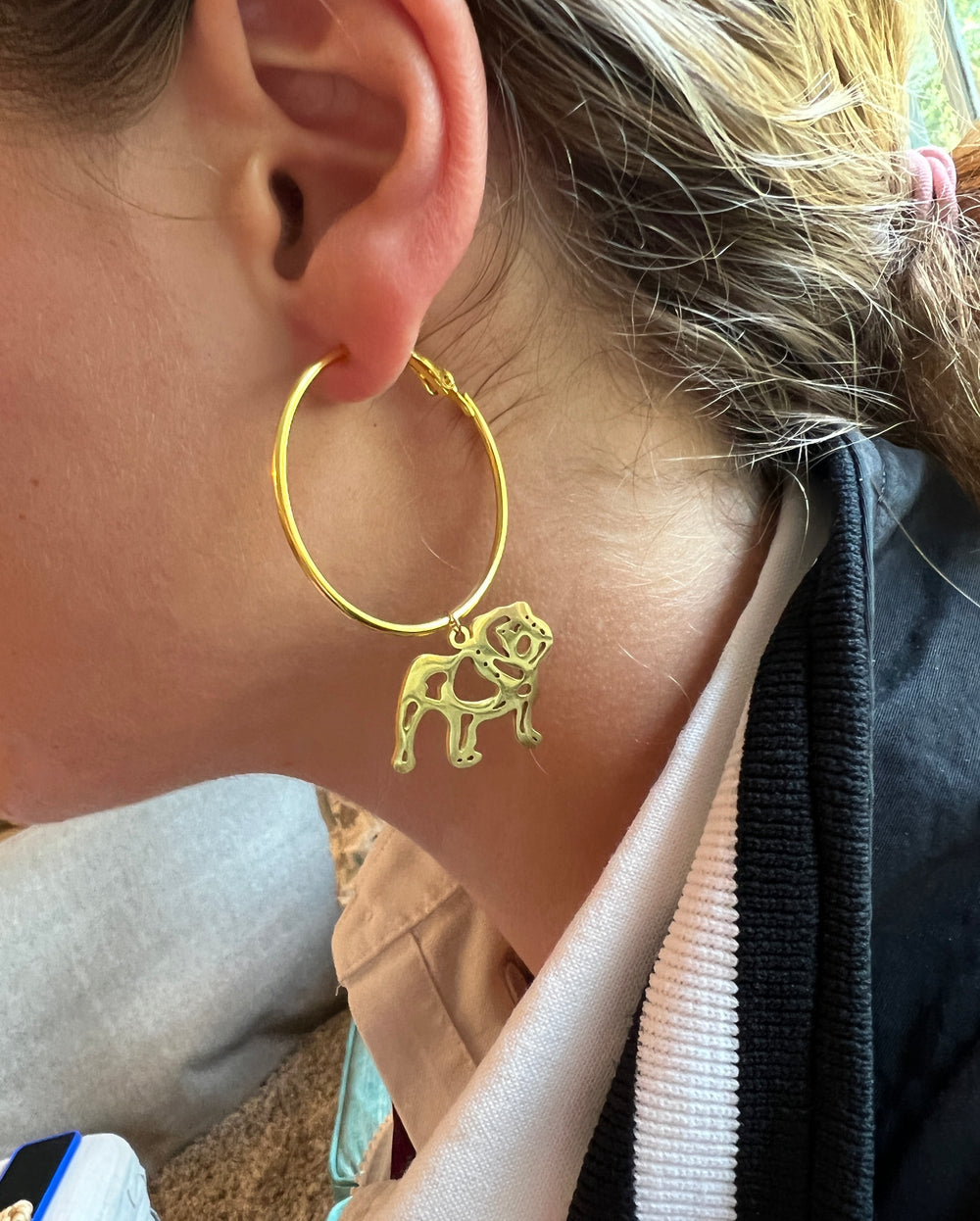 Bulldog Earrings-Gold Hoop Bulldog Earrings, Bulldogs, Bulldog Gift, Hypoallergenic Lightweight Hoops, Perfect for Gameday
