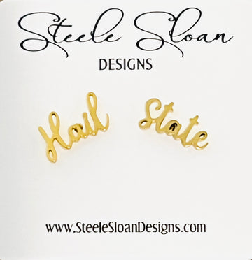 Mississippi State Hail State Gold Stud Earrings- CUTE Mississippi State Bulldog Gift - Miss State Hypoallergenic Stainless Steel
