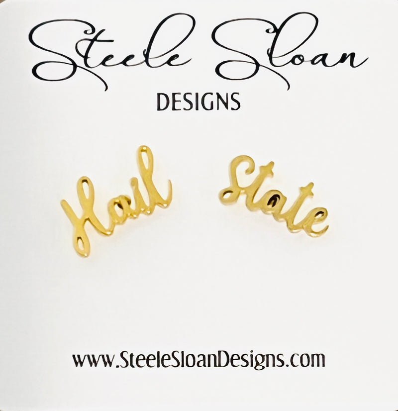Mississippi State Hail State Gold Stud Earrings- CUTE Mississippi State Bulldog Gift - Miss State Hypoallergenic Stainless Steel