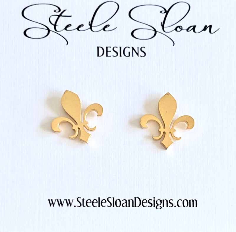 Fleur de lis stud earrings, hypoallergenic stainless steel