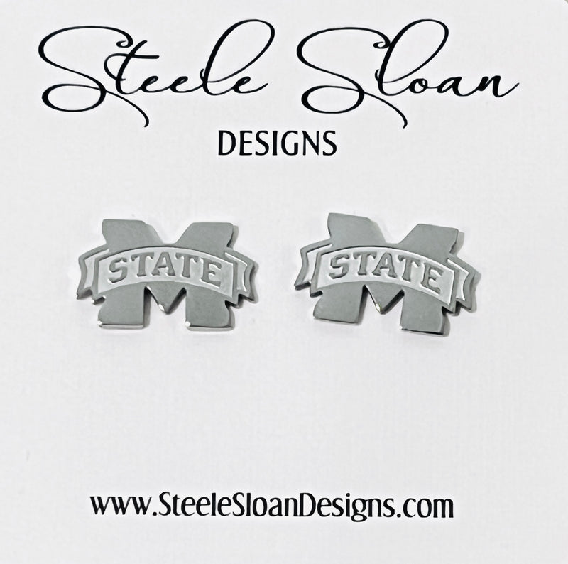 Mississippi State Silver Stud Earrings- CUTE Mississippi State Gift - Miss State Hypoallergenic Stainless Steel Studs in Silver