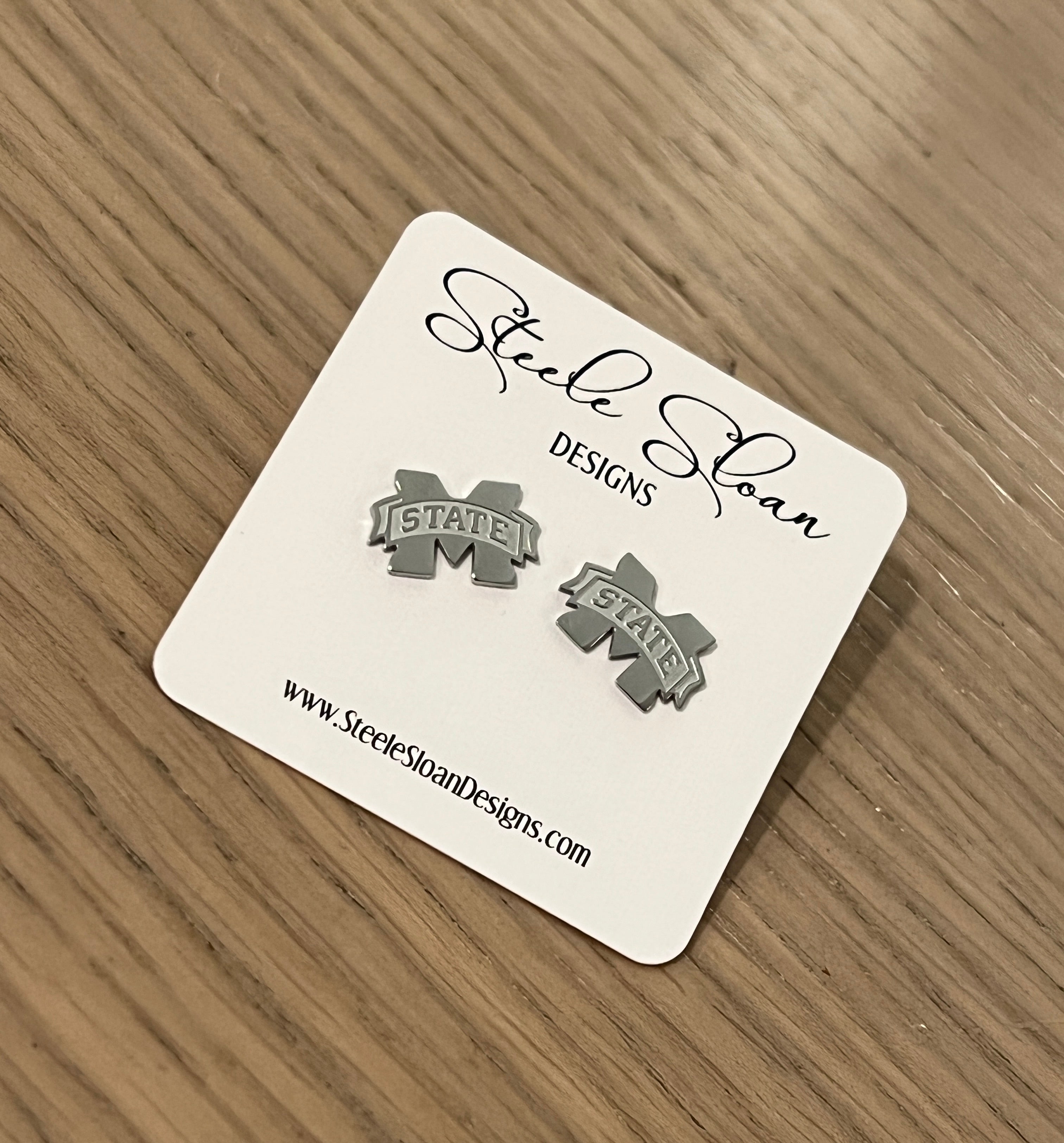 Mississippi State Silver Stud Earrings- CUTE Mississippi State Gift - Miss State Hypoallergenic Stainless Steel Studs in Silver