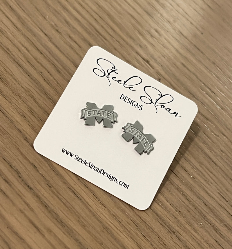 Mississippi State Silver Stud Earrings- CUTE Mississippi State Gift - Miss State Hypoallergenic Stainless Steel Studs in Silver