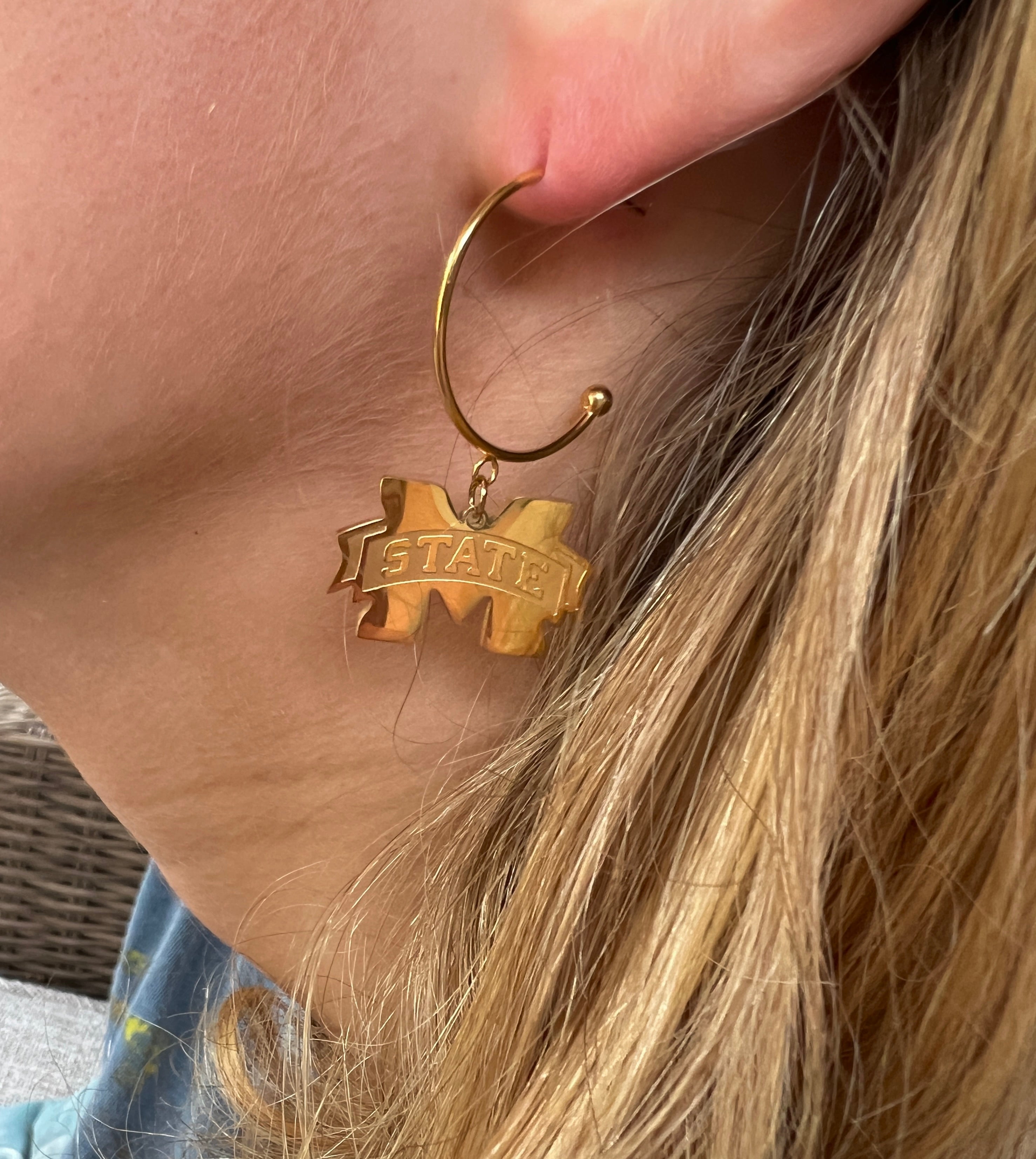 Mississippi State Gold Hoop Earrings- Perfect Mississippi State Bulldog Gift - Perfect for GameDay Miss State Hypoallergenic Stainless Steel