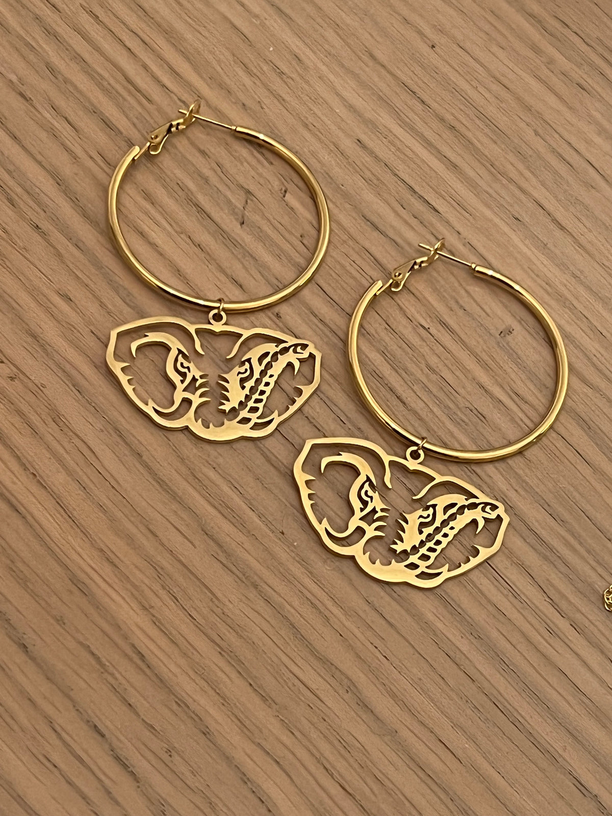 Alabama Hoop Earrings – Gold Hoop with Bama Elephant Dangle – Lightweight Hypoallergenic Stainless Steel – Officially Licensed Gameday Jewelry