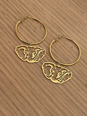 Alabama Hoop Earrings – Gold Hoop with Bama Elephant Dangle – Lightweight Hypoallergenic Stainless Steel – Officially Licensed Gameday Jewelry