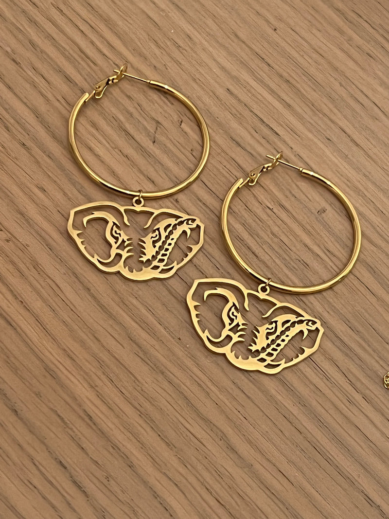 Alabama Hoop Earrings – Gold Hoop with Bama Elephant Dangle – Lightweight Hypoallergenic Stainless Steel – Officially Licensed Gameday Jewelry