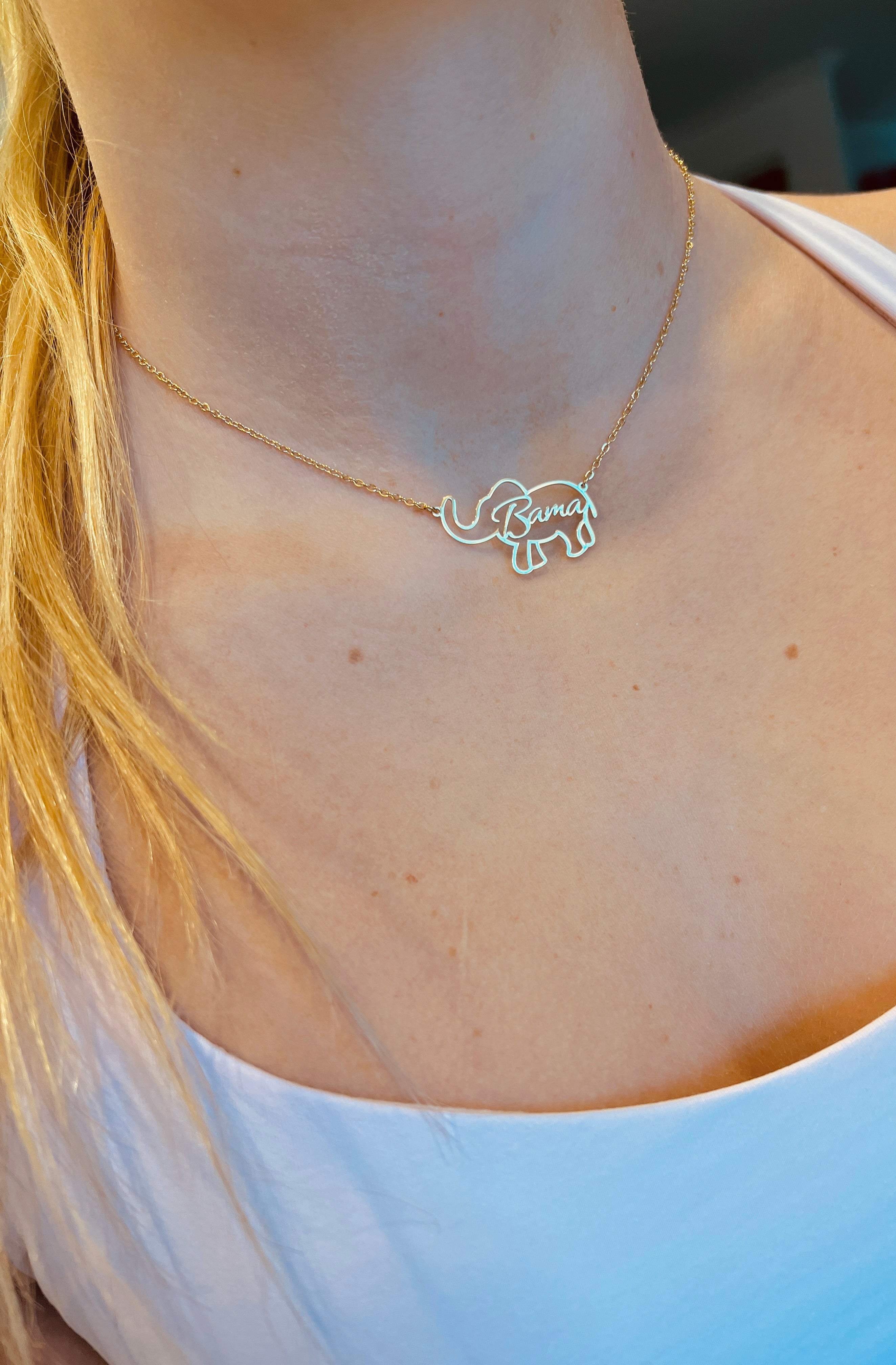 Cute Bama Elephant Necklace – Gold Hypoallergenic Alabama Gameday Jewelry – Officially Licensed Bama Gift