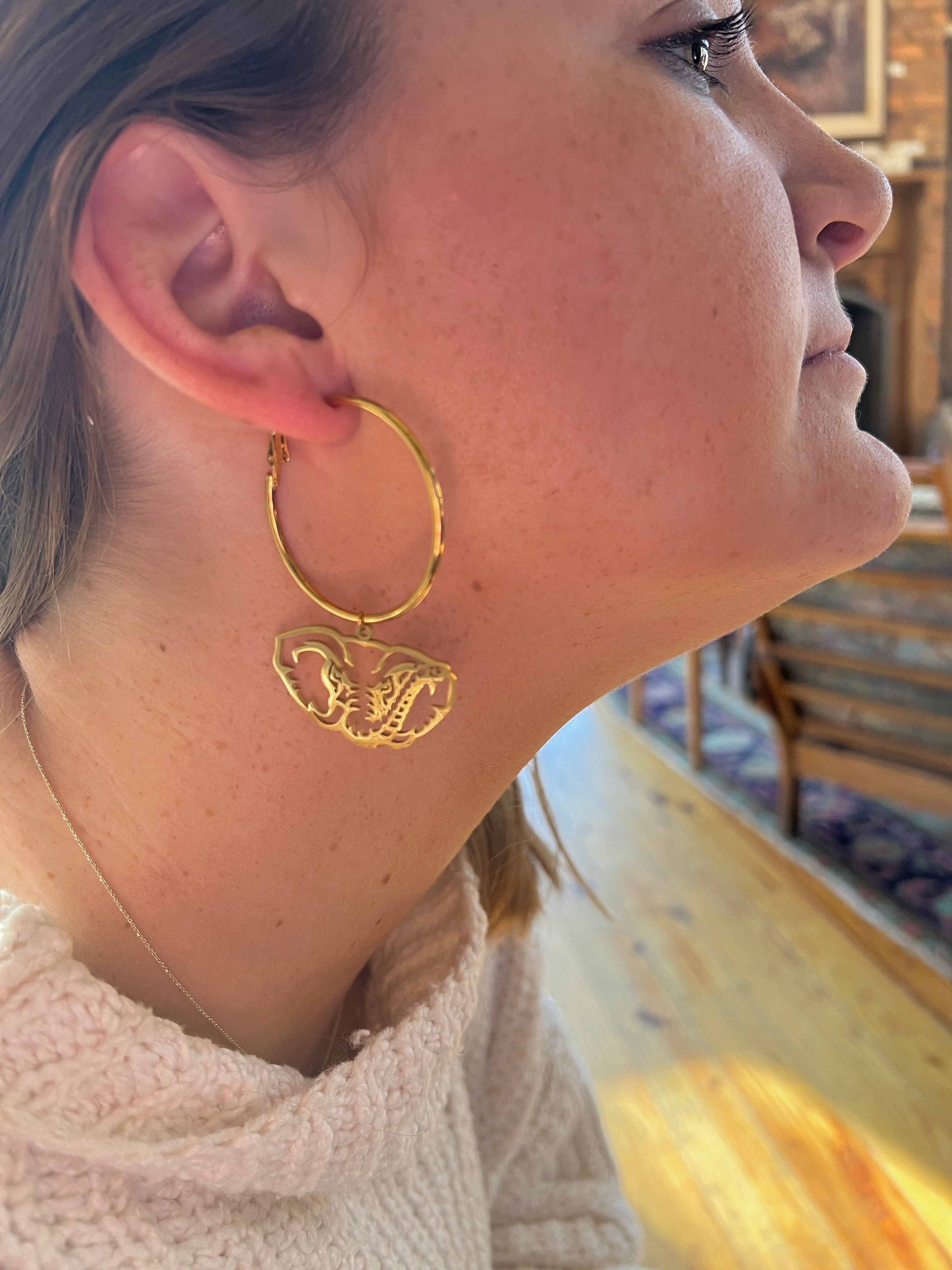 Alabama Hoop Earrings – Gold Hoop with Bama Elephant Dangle – Lightweight Hypoallergenic Stainless Steel – Officially Licensed Gameday Jewelry