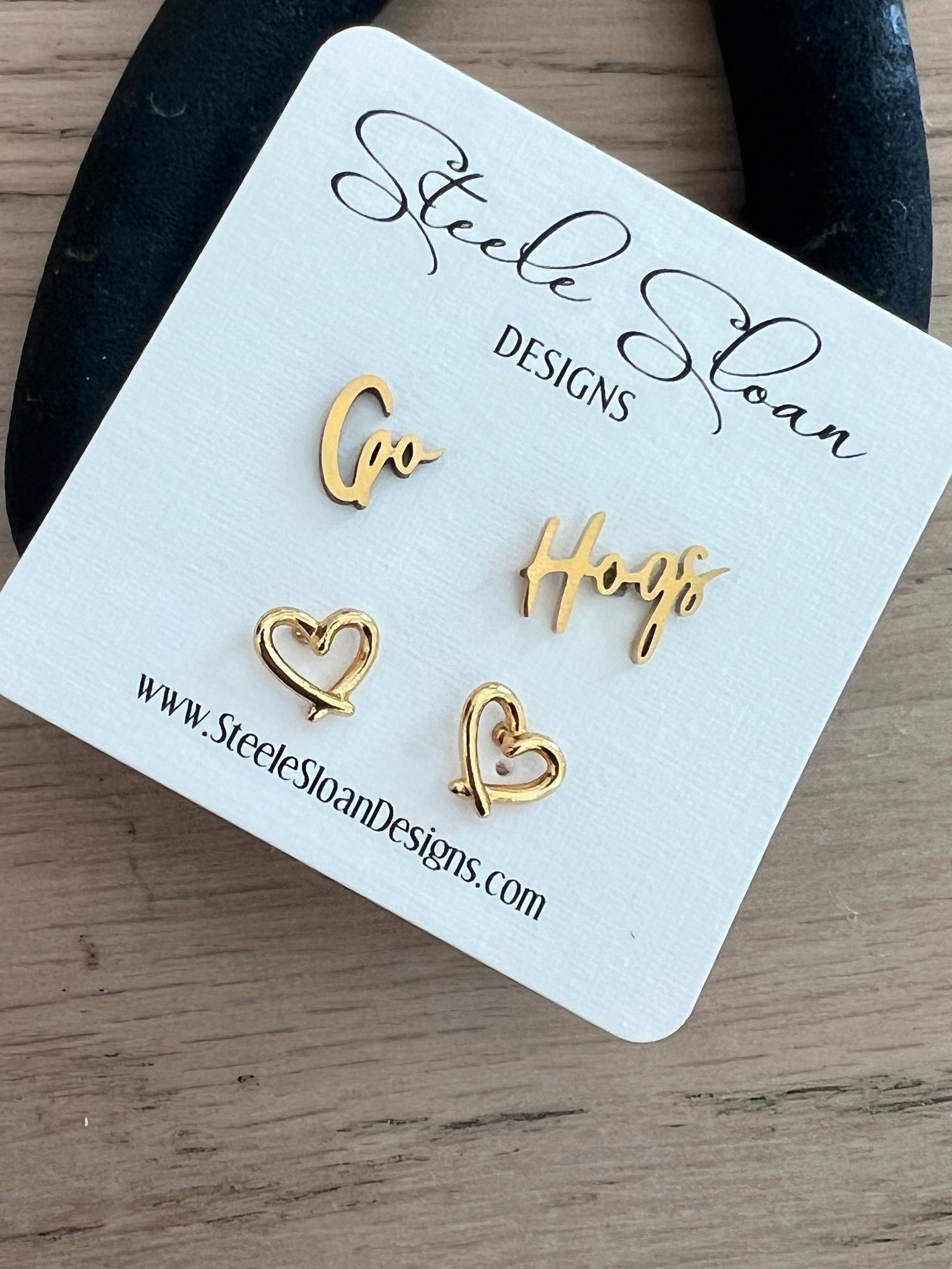 Go Hogs! Cute Arkansas Valentines Gift Game Day Gold Stud Earrings Razorback Fans with Gold Stud Hearts - Wooo Pig SOO Cute!