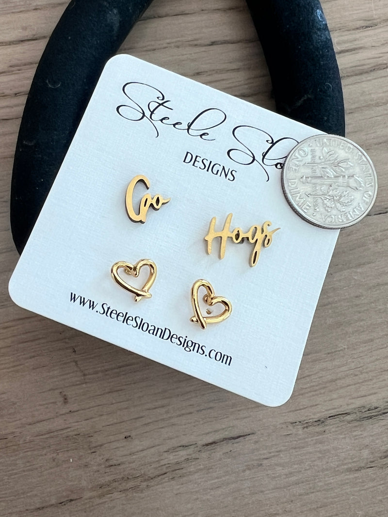 Go Hogs! Cute Arkansas Valentines Gift Game Day Gold Stud Earrings Razorback Fans with Gold Stud Hearts - Wooo Pig SOO Cute!