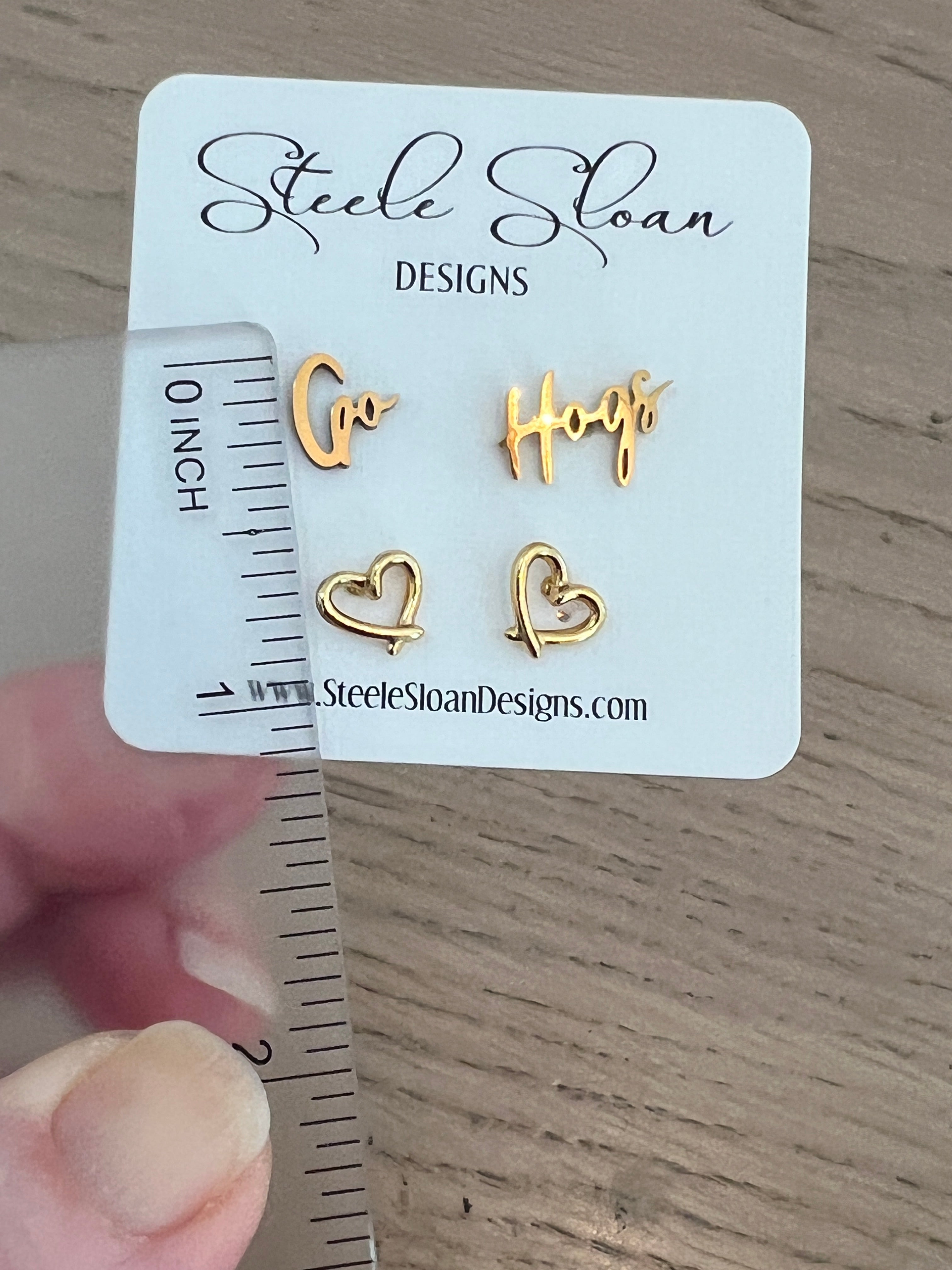 Go Hogs! Cute Arkansas Valentines Gift Game Day Gold Stud Earrings Razorback Fans with Gold Stud Hearts - Wooo Pig SOO Cute!
