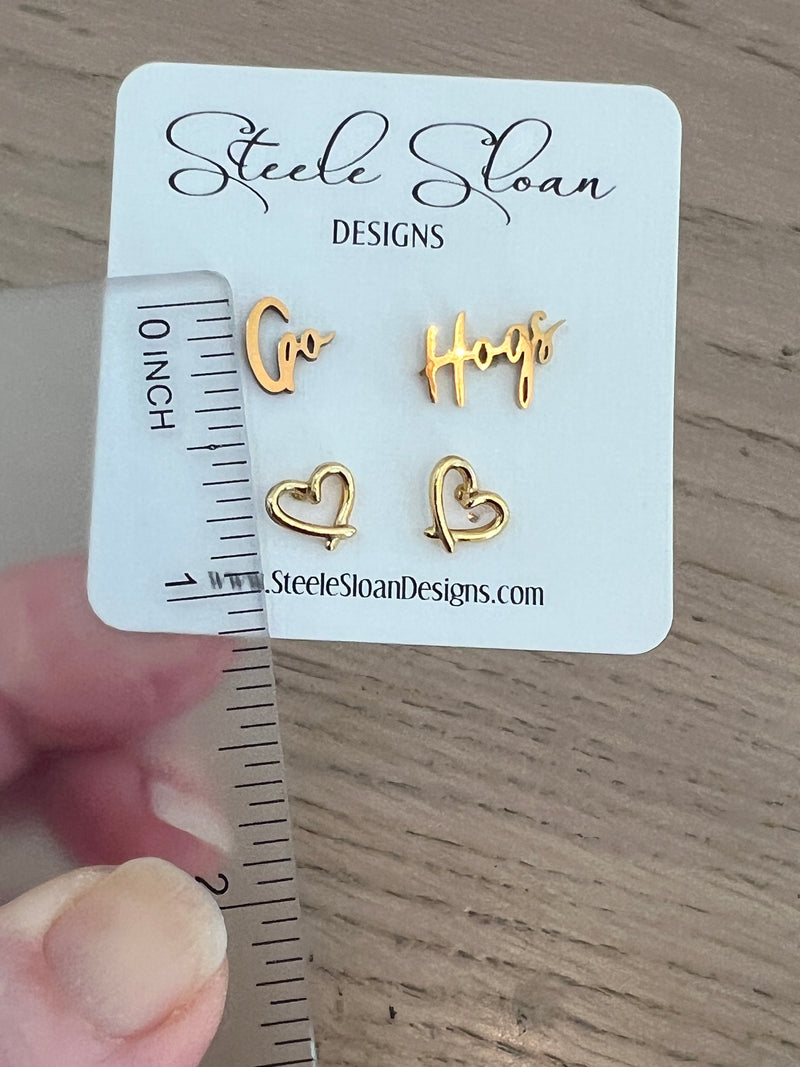 Go Hogs! Cute Arkansas Valentines Gift Game Day Gold Stud Earrings Razorback Fans with Gold Stud Hearts - Wooo Pig SOO Cute!
