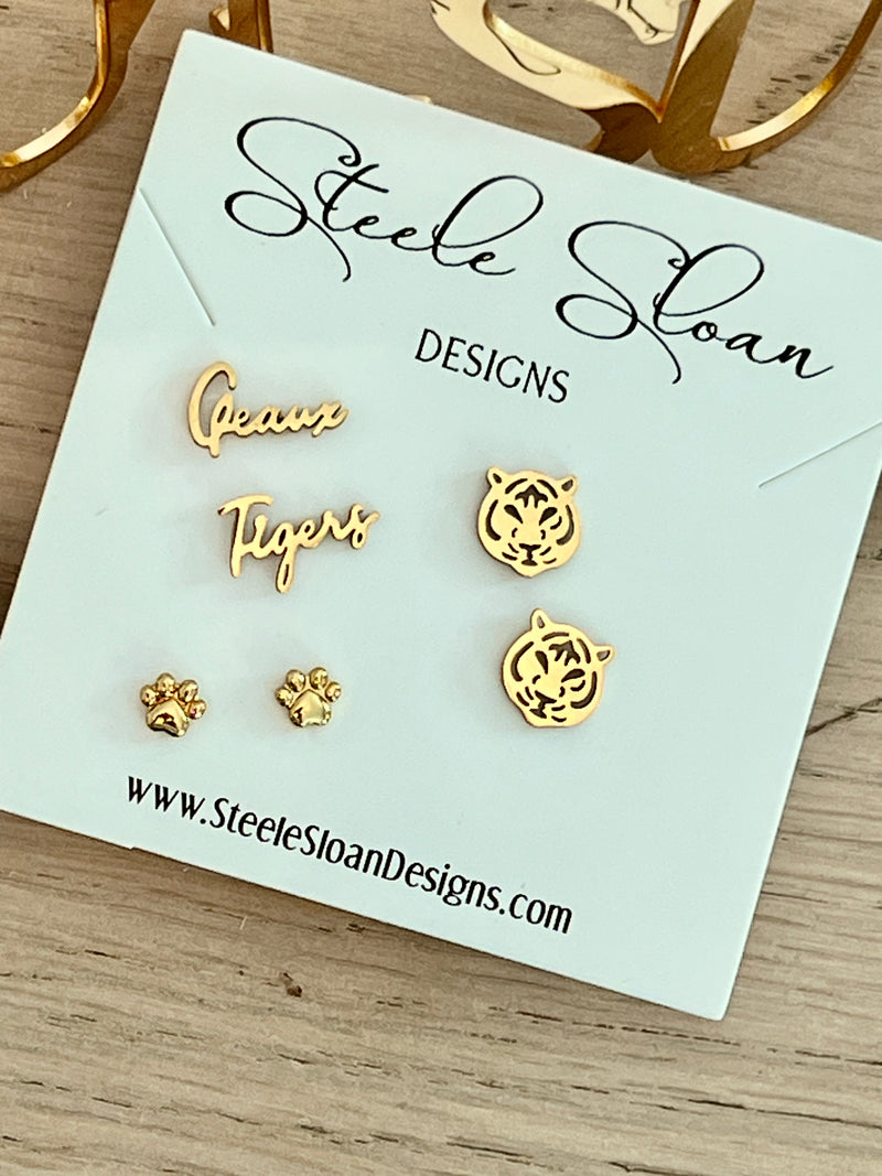 LSU Tiger Fan Gift Set Geaux Tigers Earrings Paw Earrings LSU GameDay Paw Earrings Gift Set for Tiger Fans Tiger GameDay Hypoallergenic
