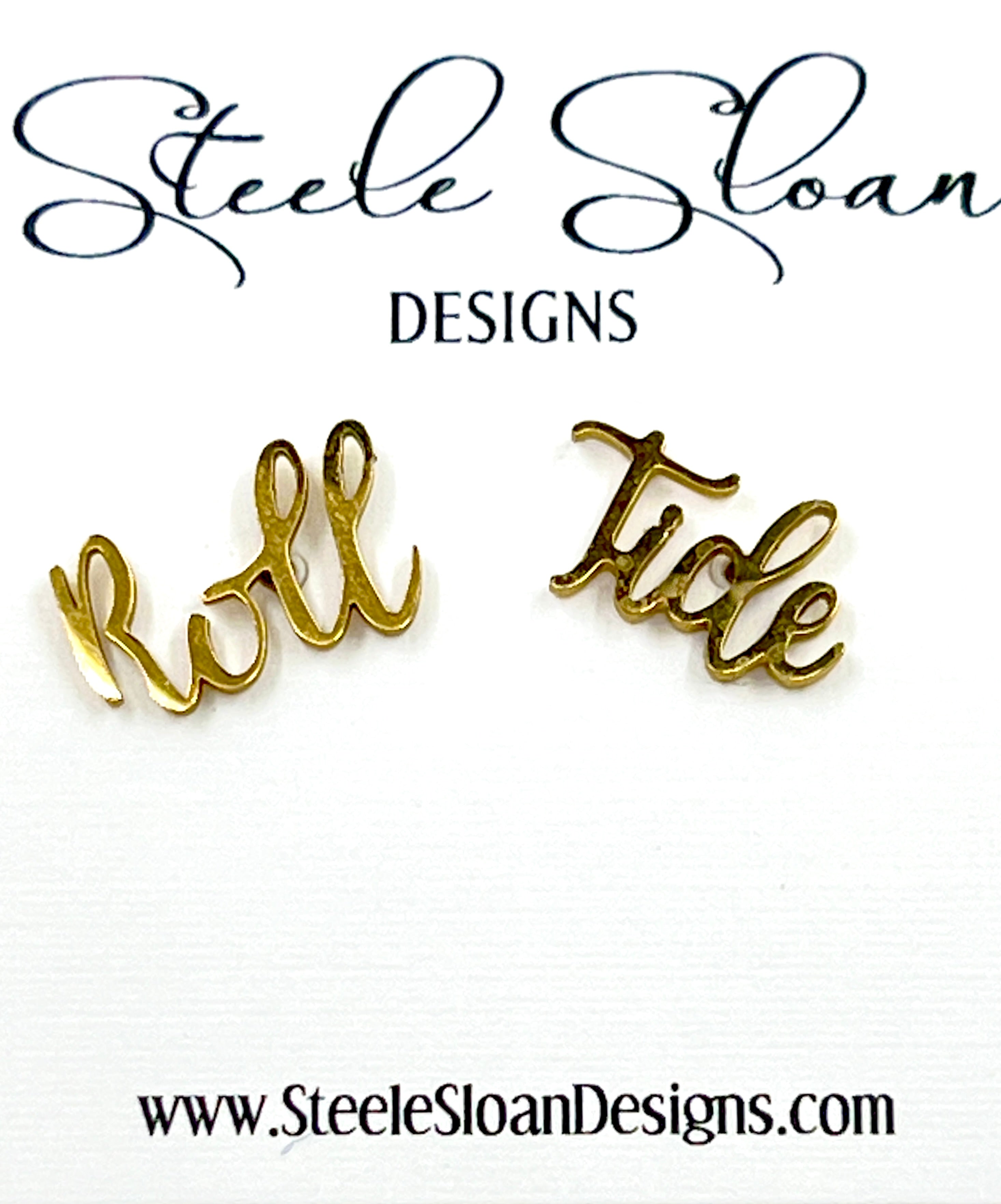 Gold 'Roll Tide' earrings with Steele Sloan Designs branding on a white background