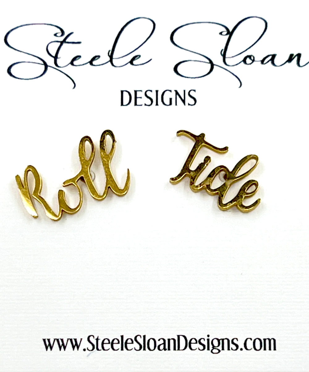 Gold 'Roll Tide' earrings with Steele Sloan Designs branding on a white background