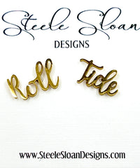 Gold 'Roll Tide' earrings with Steele Sloan Designs branding on a white background