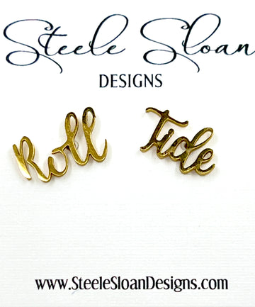 Gold 'Roll Tide' earrings with Steele Sloan Designs branding on a white background