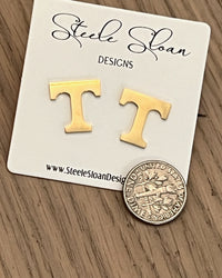 University of Tennessee Gift Set VOLS Gold Charm Necklace and T Logo Gold Stud Earrings Tennessee Volunteers Gameday