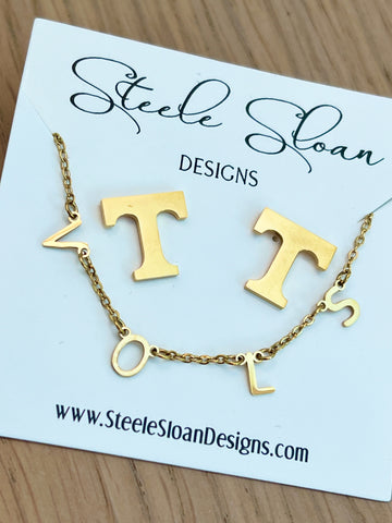 University of Tennessee Gift Set VOLS Gold Charm Necklace and T Logo Gold Stud Earrings Tennessee Volunteers Gameday
