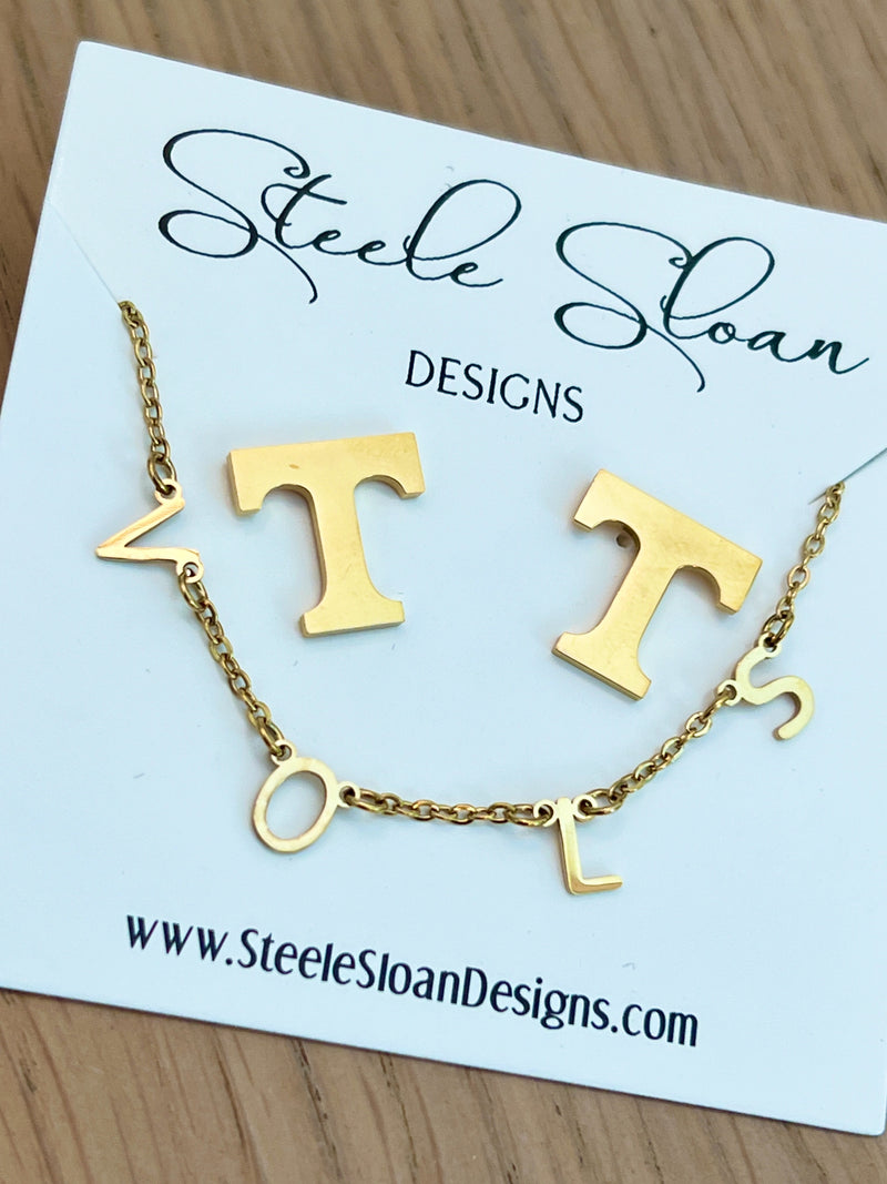 University of Tennessee Gift Set VOLS Gold Charm Necklace and T Logo Gold Stud Earrings Tennessee Volunteers Gameday