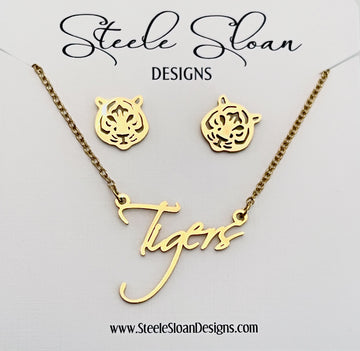 Tiger Gift Set Earrings and Necklace - PERFECT Tiger Gift, Tigers, Tiger Football, Tiger Baseball, Tiger Team Mom